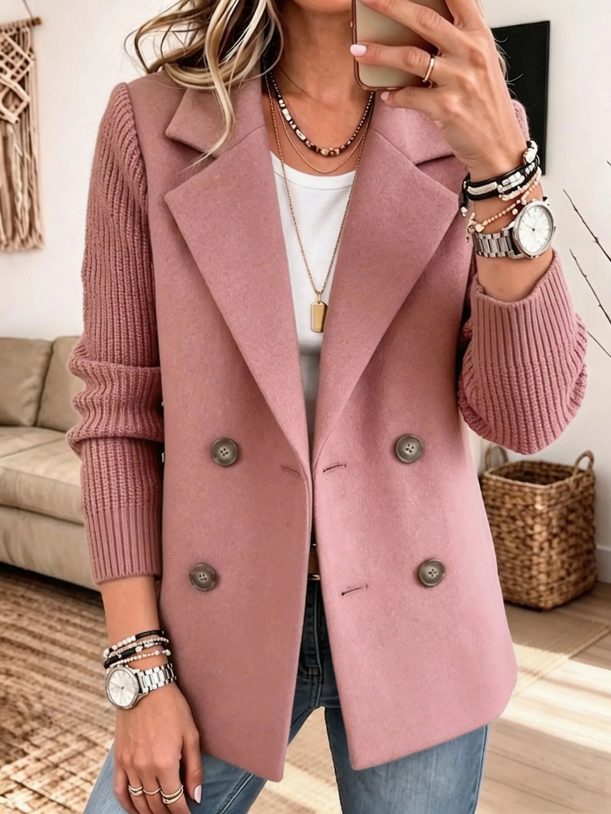 Cecilia Ribbed Sleeve Double-Breasted Blazer in Pink