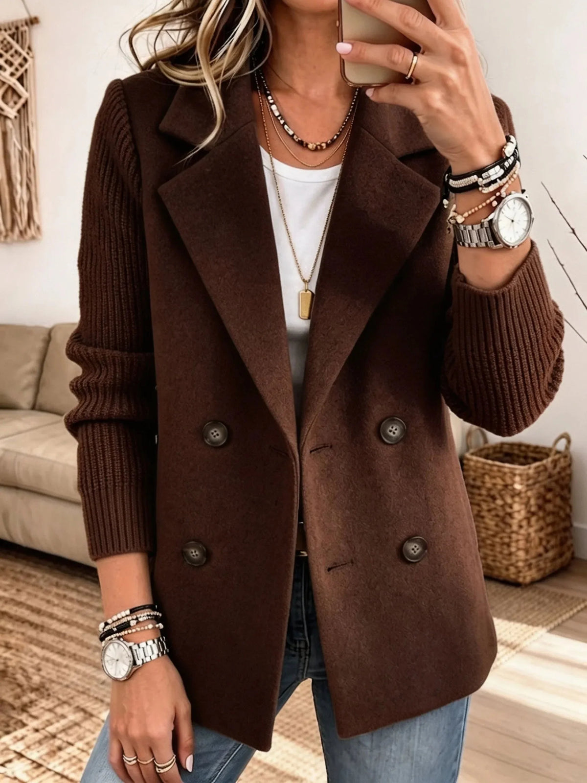 Cecilia Ribbed Sleeve Double-Breasted Blazer in Dark Brown