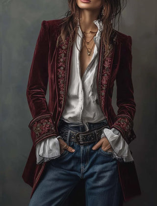 Celeste Embroidered Longline Jacket in Wine Red