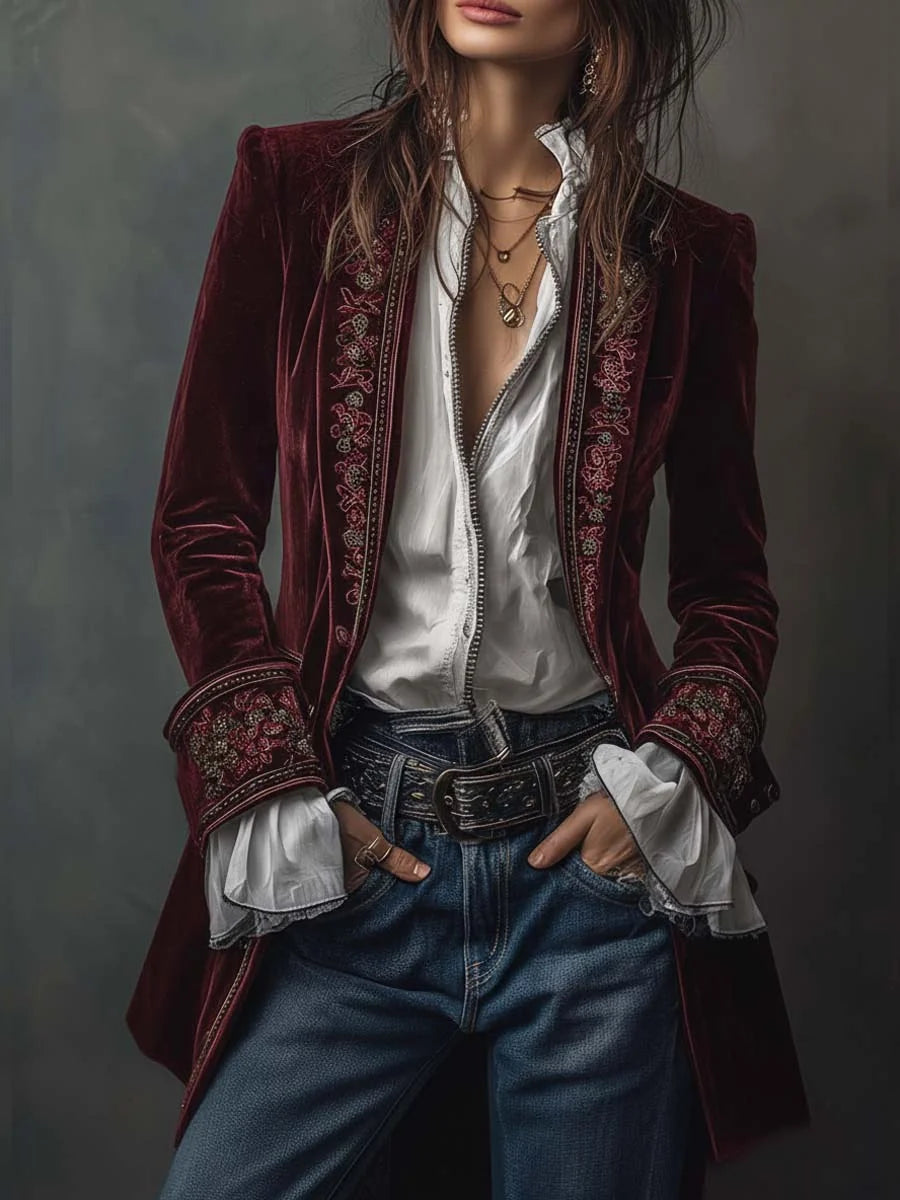 Celeste Embroidered Longline Jacket in Wine Red