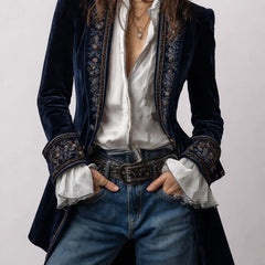 Celeste Embroidered Longline Jacket in Navy
