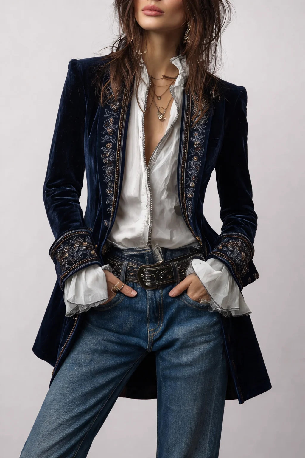 Celeste Embroidered Longline Jacket in Navy