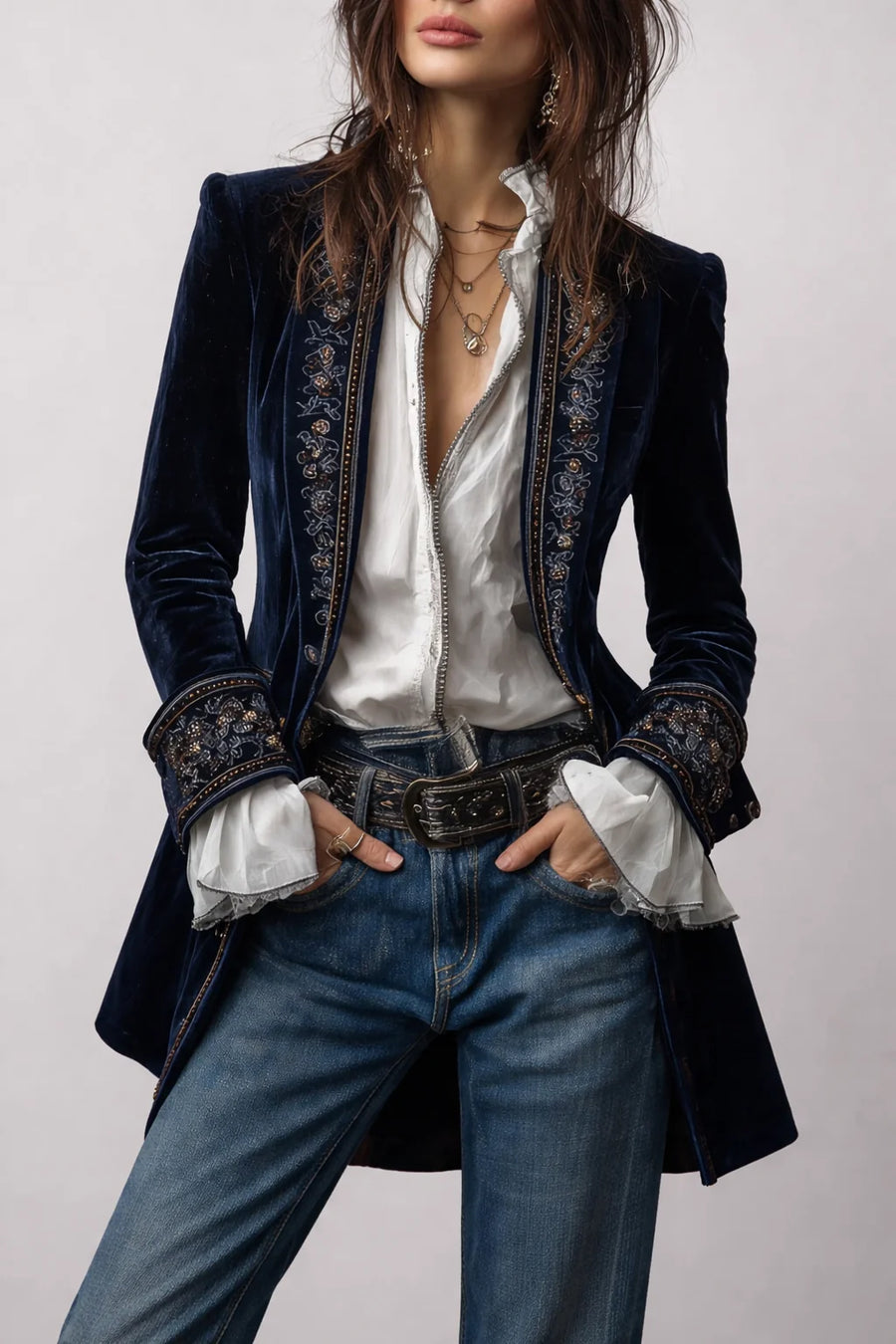Celeste Embroidered Longline Jacket in Navy