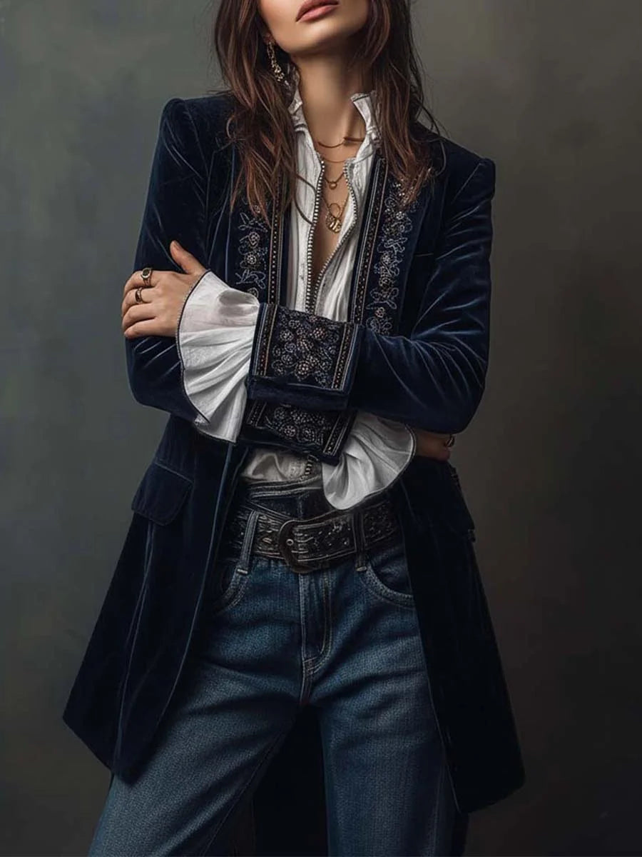 Celeste Embroidered Longline Jacket in Navy