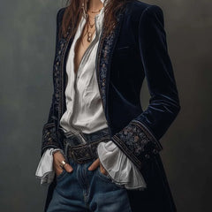 Celeste Embroidered Longline Jacket in Navy
