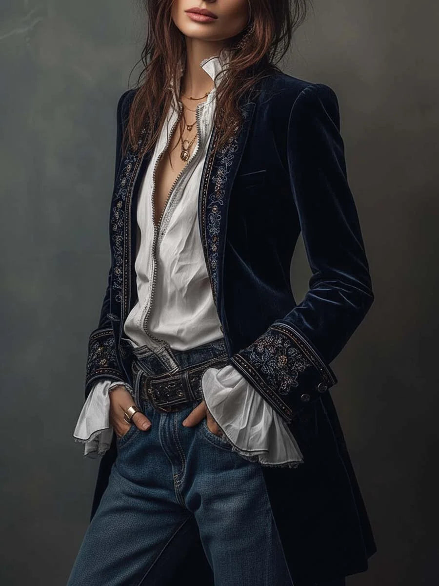 Celeste Embroidered Longline Jacket in Navy