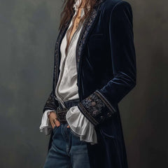 Celeste Embroidered Longline Jacket in Navy