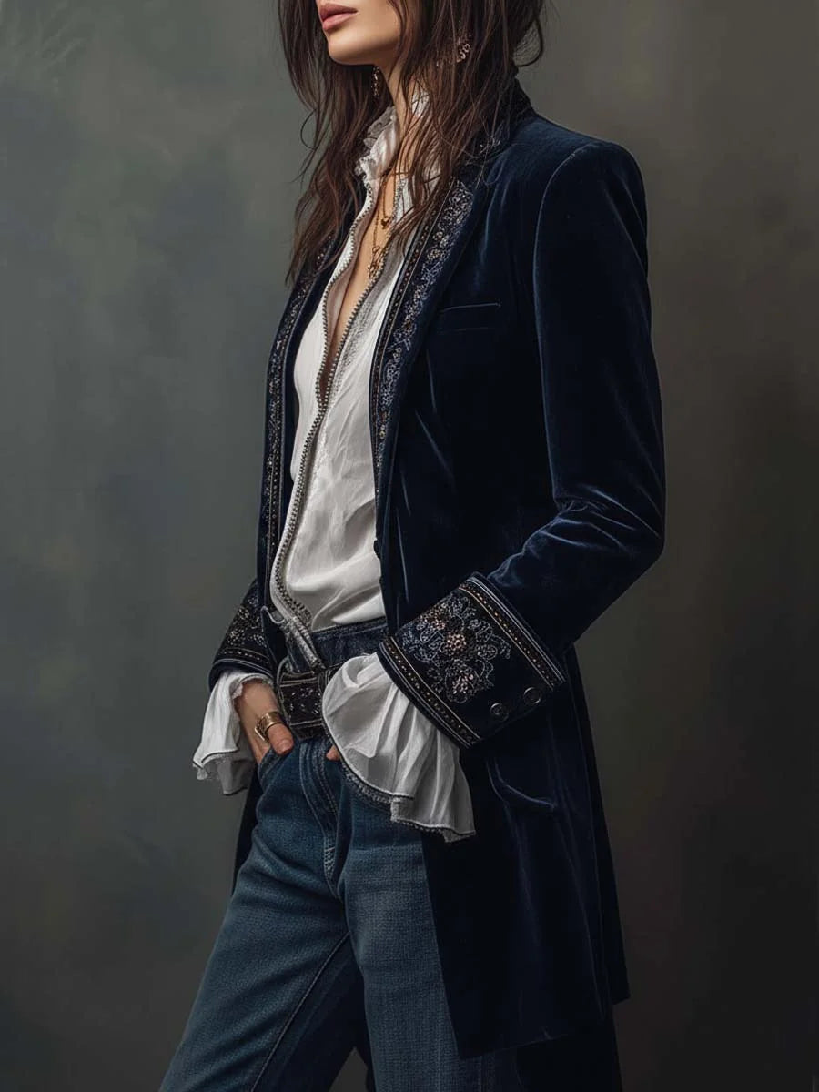 Celeste Embroidered Longline Jacket in Navy