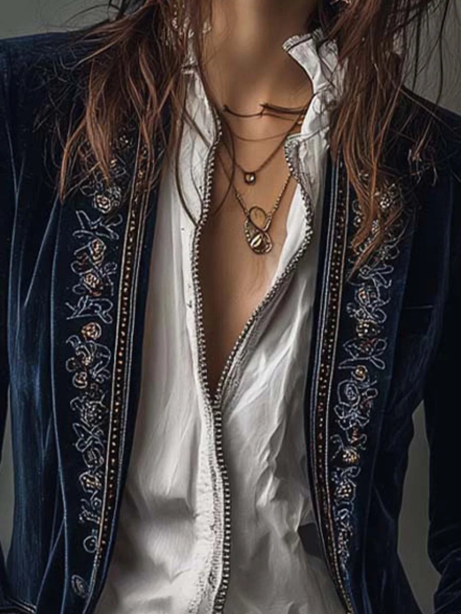 Celeste Embroidered Longline Jacket in Navy