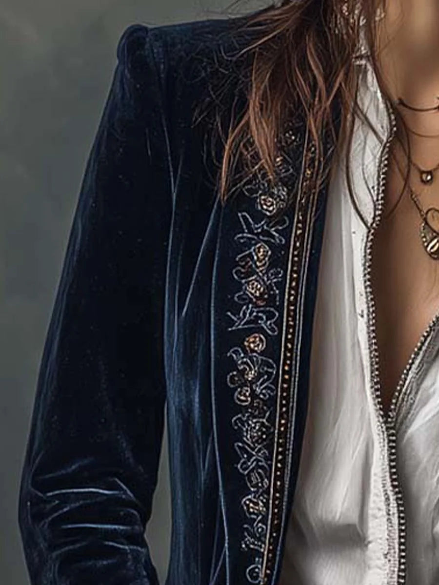 Celeste Embroidered Longline Jacket in Navy