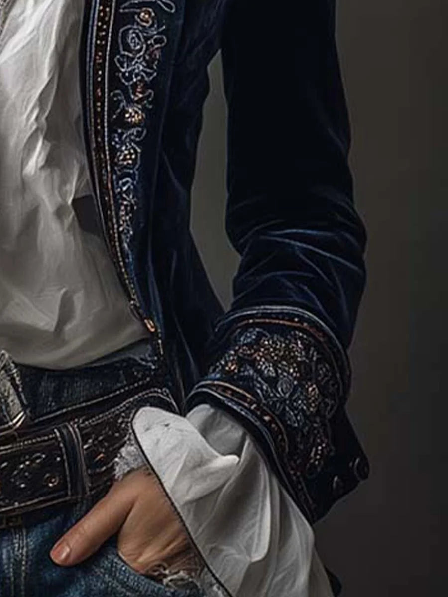 Celeste Embroidered Longline Jacket in Navy