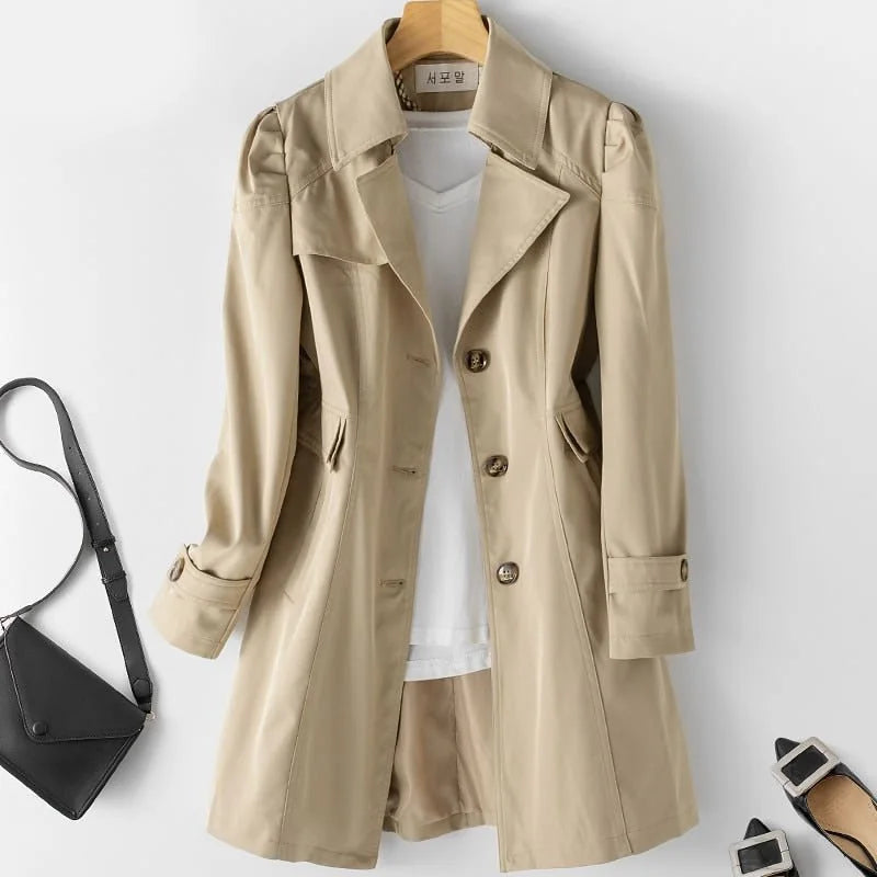 Charlene Single-Breasted Belted Back Trench Coat in Khaki