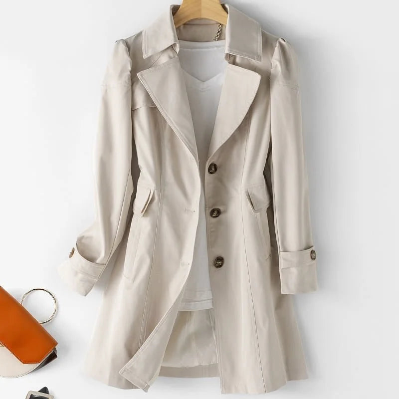 Charlene Single-Breasted Belted Back Trench Coat in Stone Beige