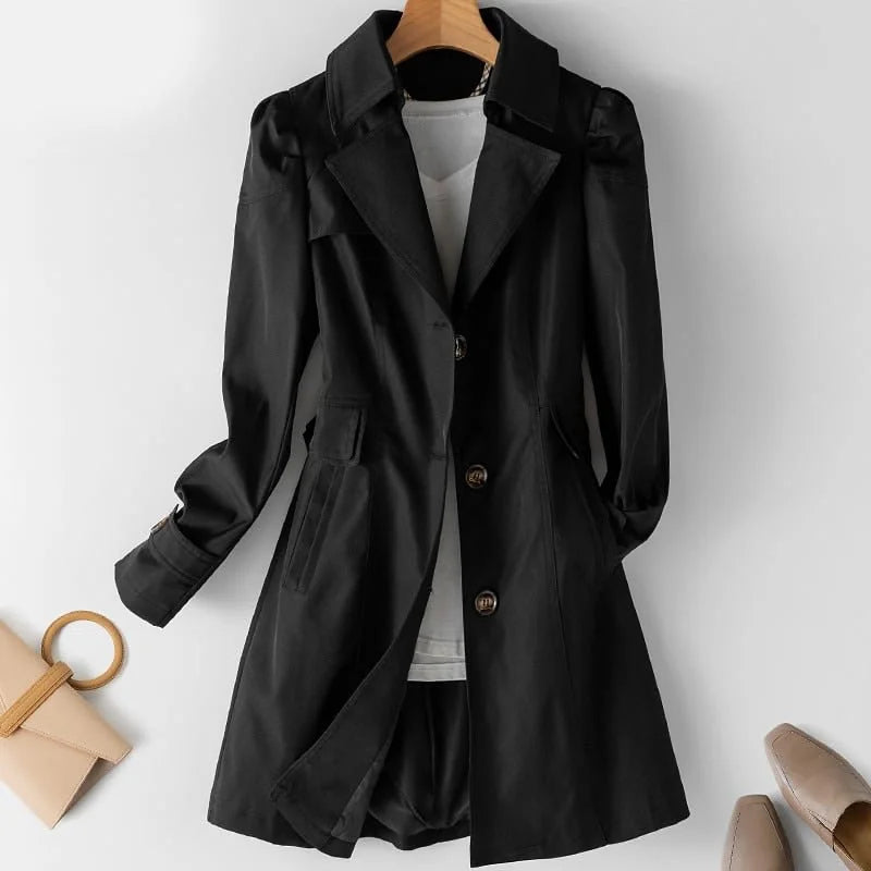 Charlene Single-Breasted Belted Back Trench Coat in Black