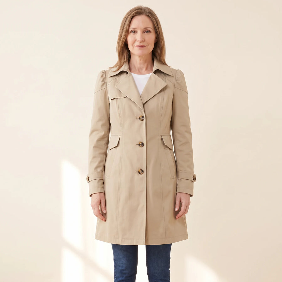 Charlene Single-Breasted Belted Back Trench Coat in Khaki, buttoned, front view