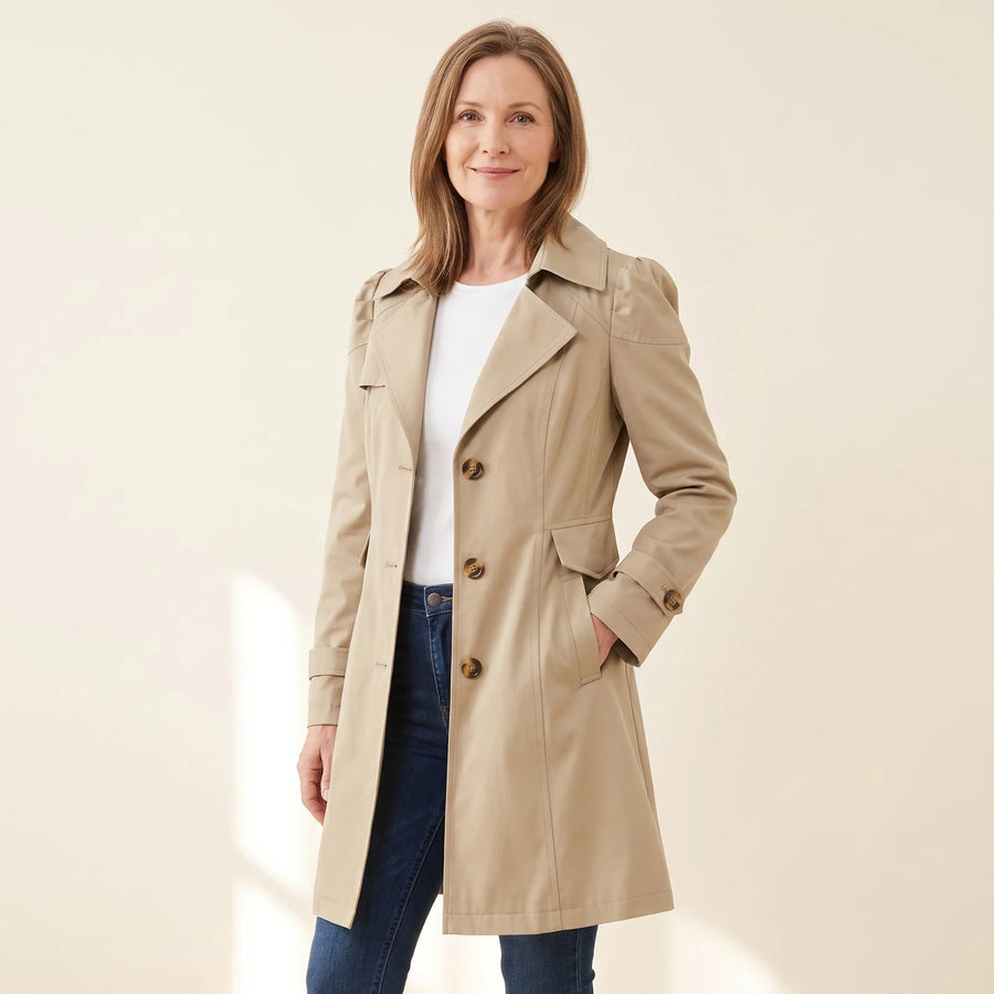 Charlene Single-Breasted Belted Back Trench Coat in Khaki, worn open with jeans