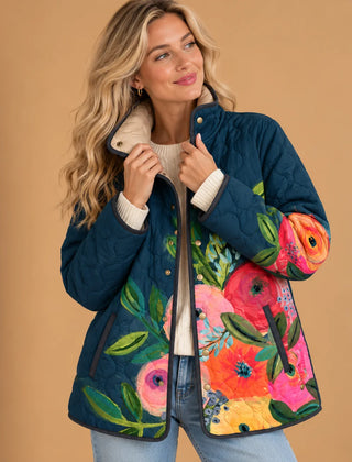 Charlotte Painted Rose Quilted Jacket in Navy Floral
