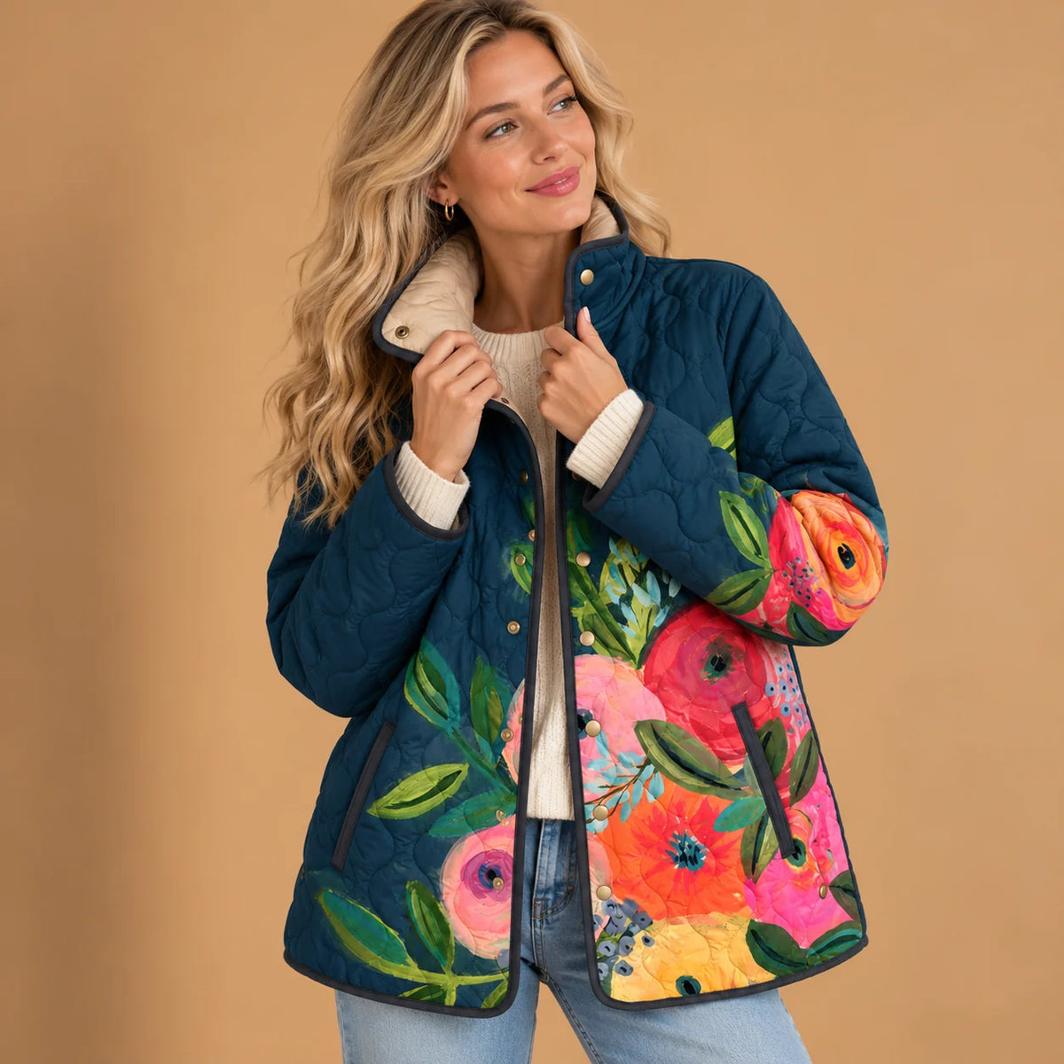 Charlotte Painted Rose Quilted Jacket in Navy Floral