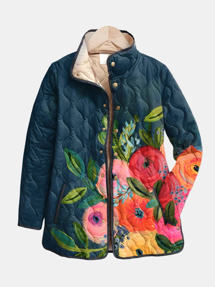 Charlotte Painted Rose Quilted Jacket in Navy Floral