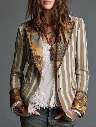 Cheryl Striped Jacket with Printed Lapels in Khaki Stripe
