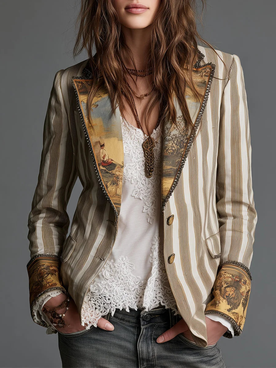 Cheryl Striped Jacket with Printed Lapels in Khaki Stripe