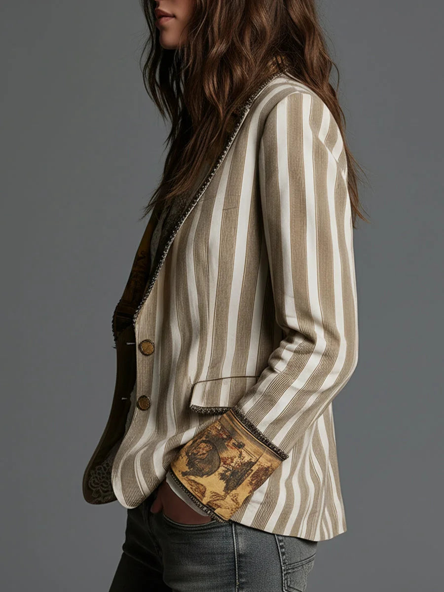 Cheryl Striped Jacket with Printed Lapels in Khaki Stripe