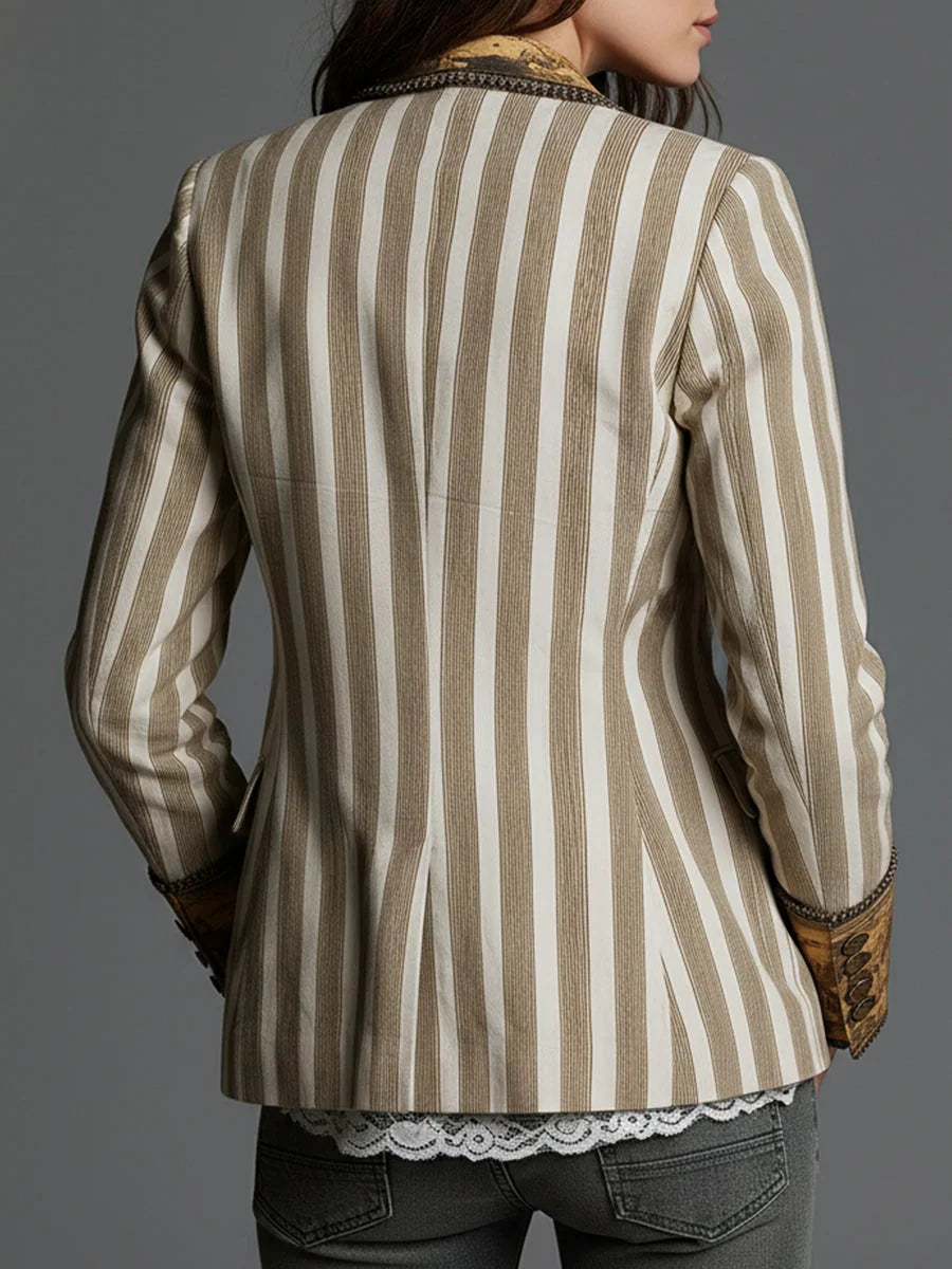 Cheryl Striped Jacket with Printed Lapels in Khaki Stripe