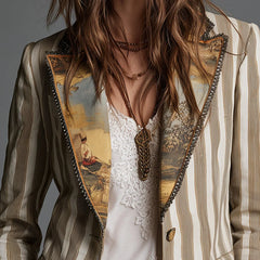 Cheryl Striped Jacket with Printed Lapels in Khaki Stripe