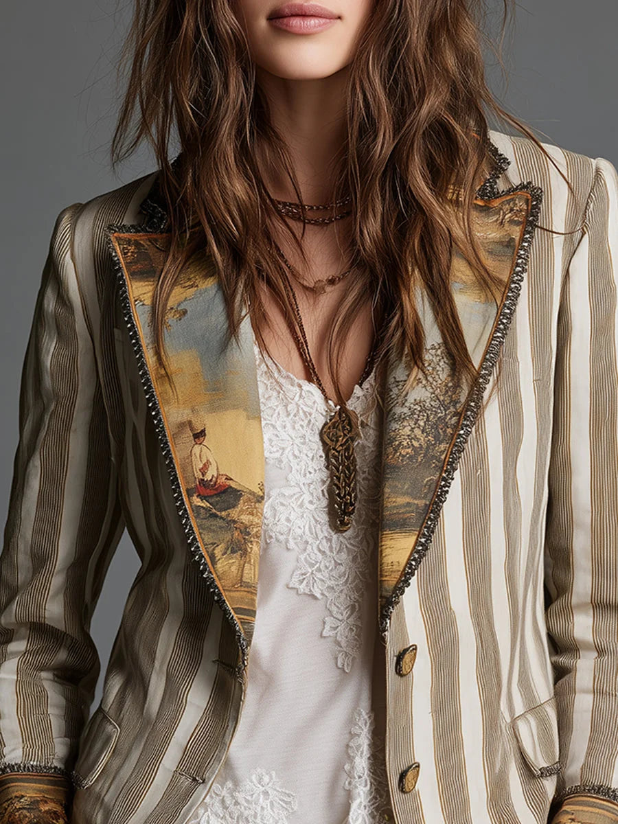 Cheryl Striped Jacket with Printed Lapels in Khaki Stripe