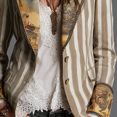 Cheryl Striped Jacket with Printed Lapels in Khaki Stripe
