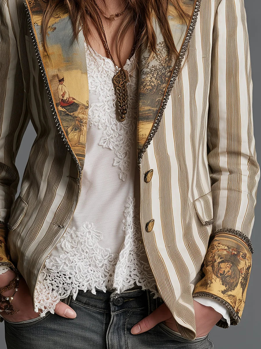 Cheryl Striped Jacket with Printed Lapels in Khaki Stripe