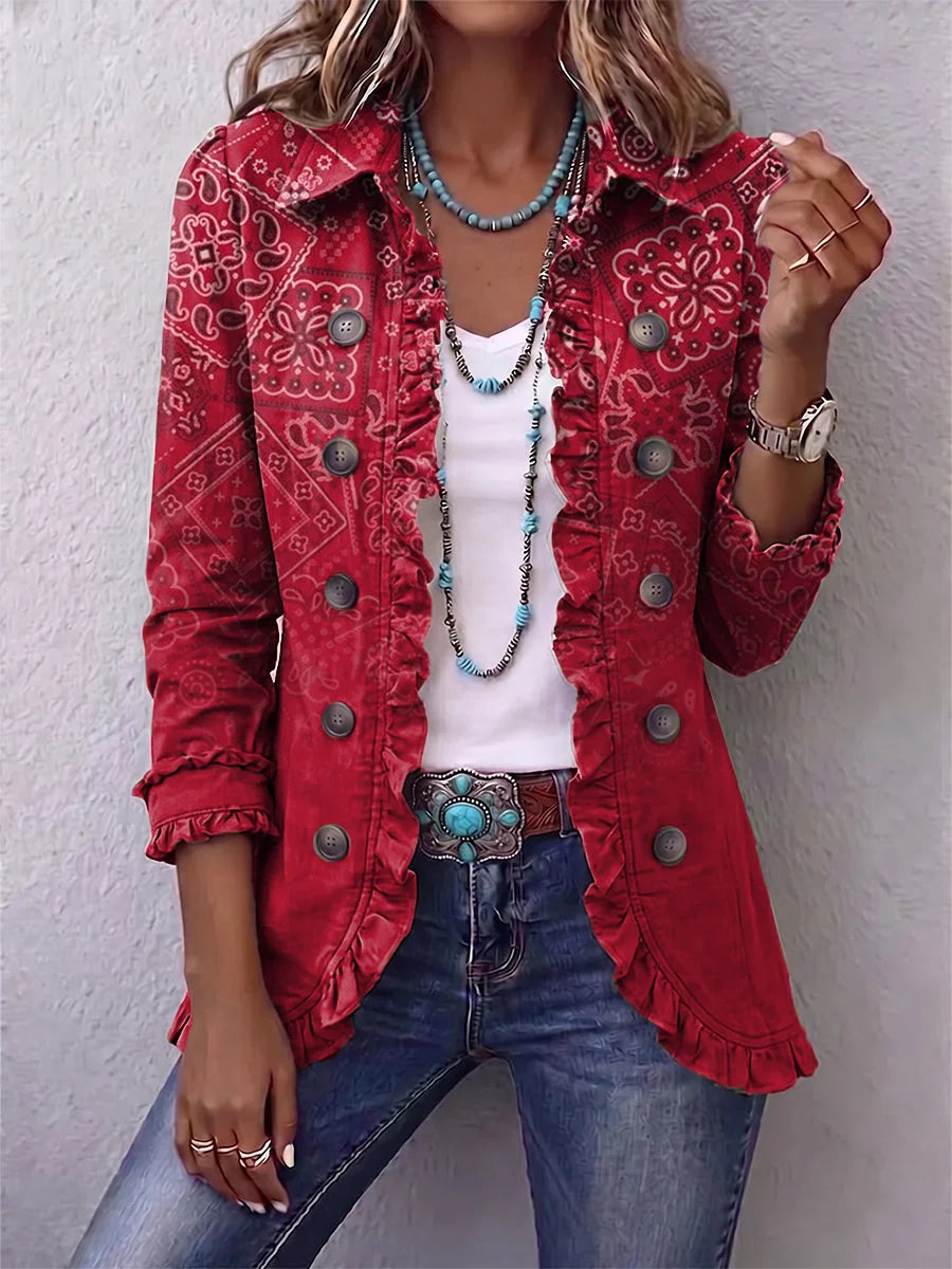 Clara Red Paisley Ruffle Jacket in Red