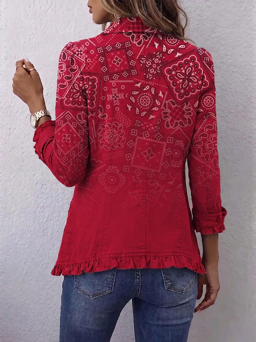 Clara Red Paisley Ruffle Jacket in Red
