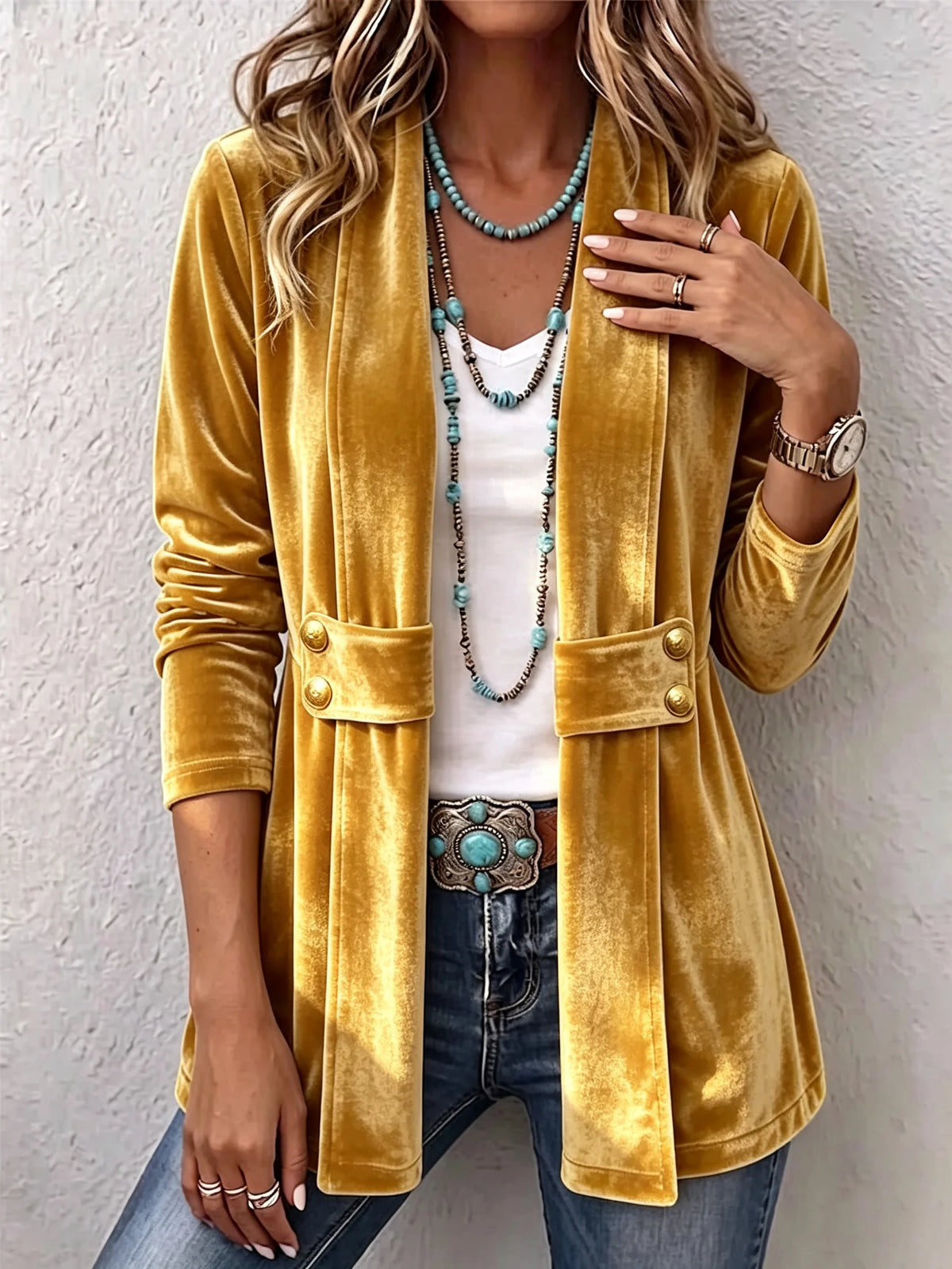 Colleen Plush Open-Front Jacket in Gold
