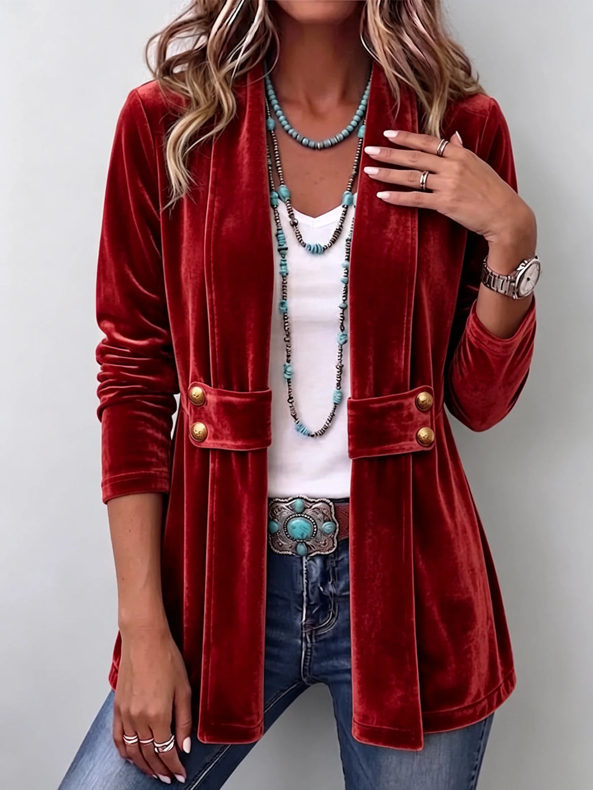 Colleen Plush Open-Front Jacket in Red