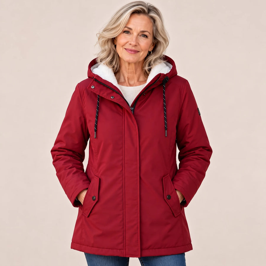 Constance Plush-Lined Hooded Parka Coat in Deep Red, worn