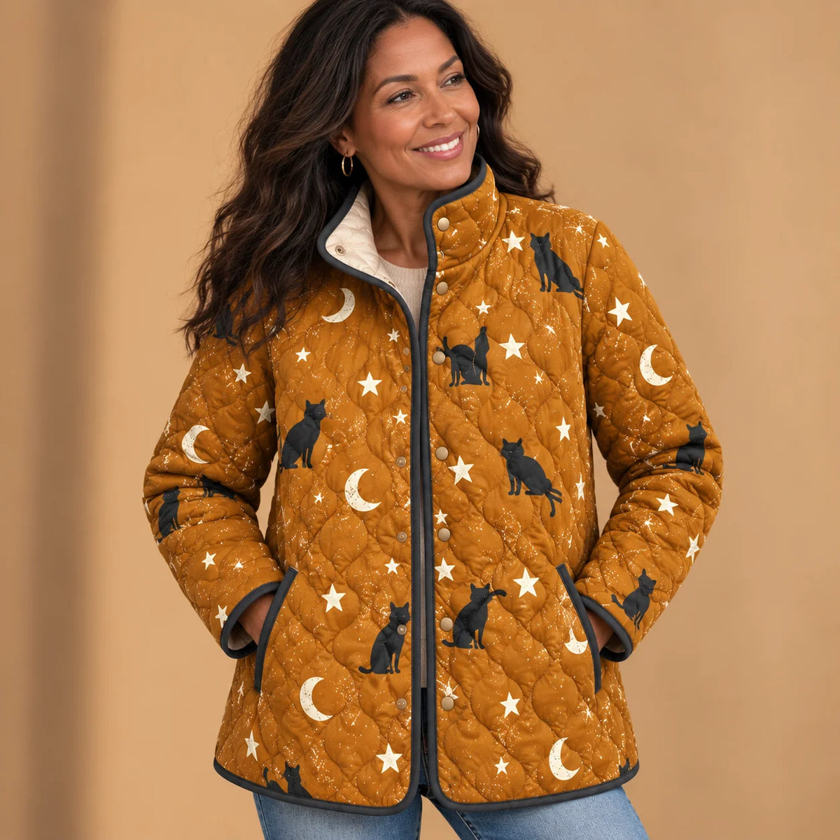 Cora Black Cat Print Quilted Jacket in Mustard