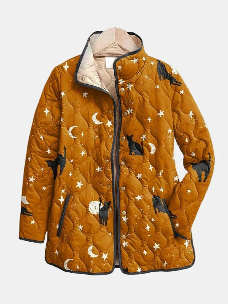 Cora Black Cat Print Quilted Jacket in Mustard
