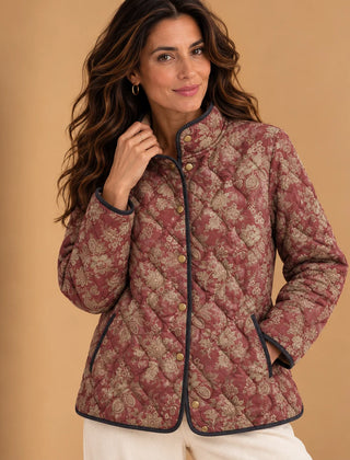 Corinne Burgundy Floral Quilted Jacket in Burgundy Floral