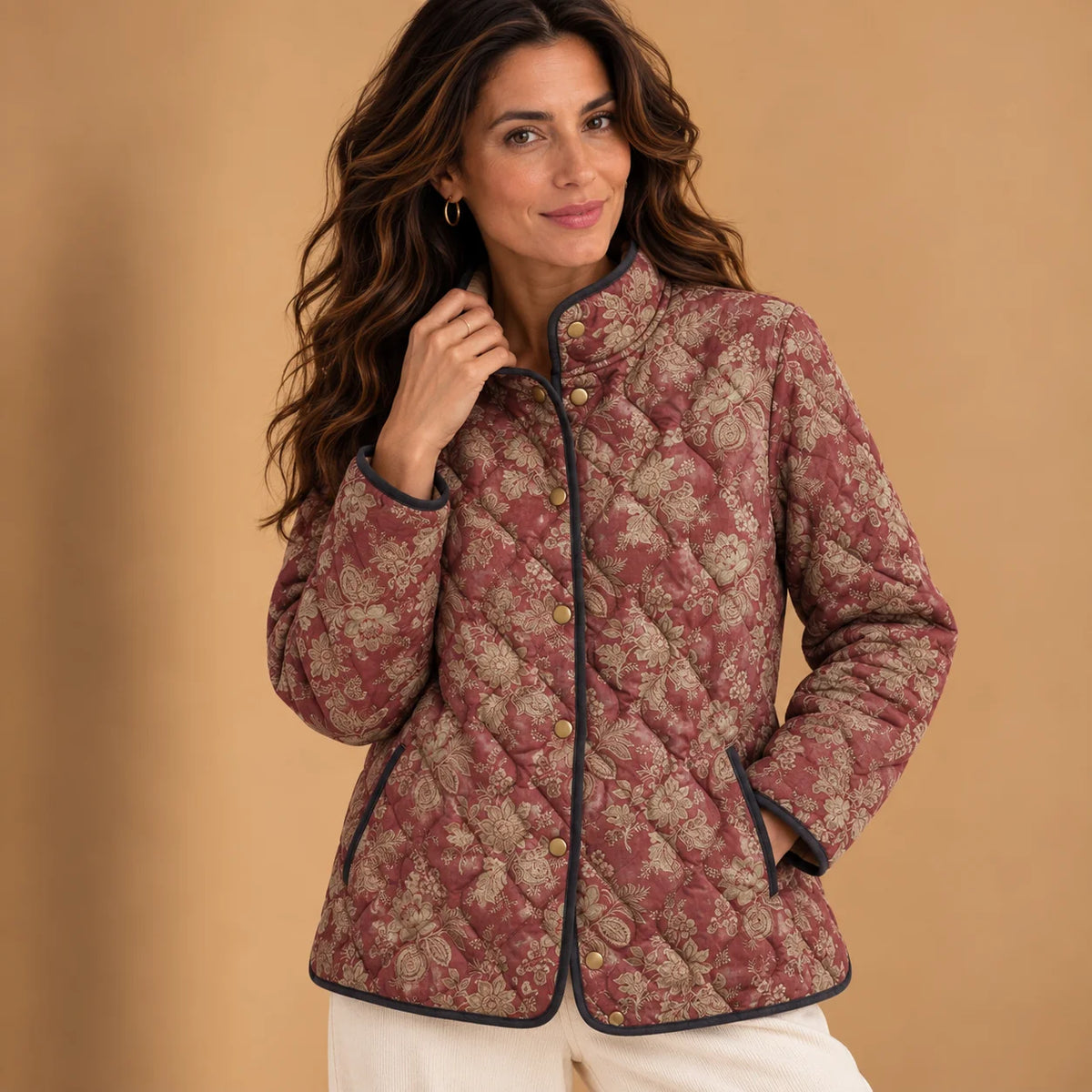 Corinne Burgundy Floral Quilted Jacket in Burgundy Floral