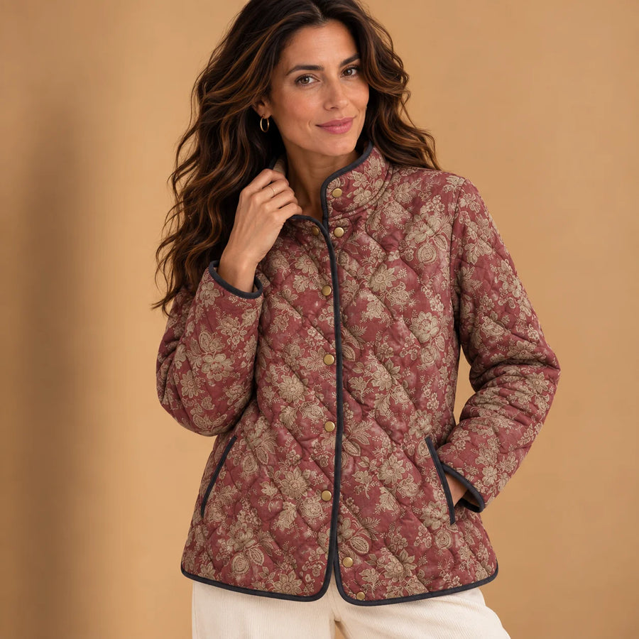 Corinne Burgundy Floral Quilted Jacket in Burgundy Floral