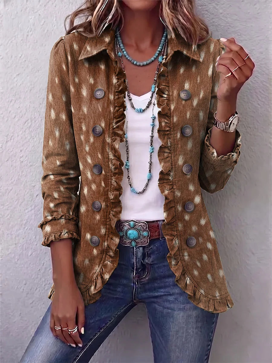 Cynthia Spotted Print Ruffle Jacket in Brown