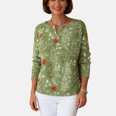 Daisy Christmas Tree Print Henley Sweater in Sage Green