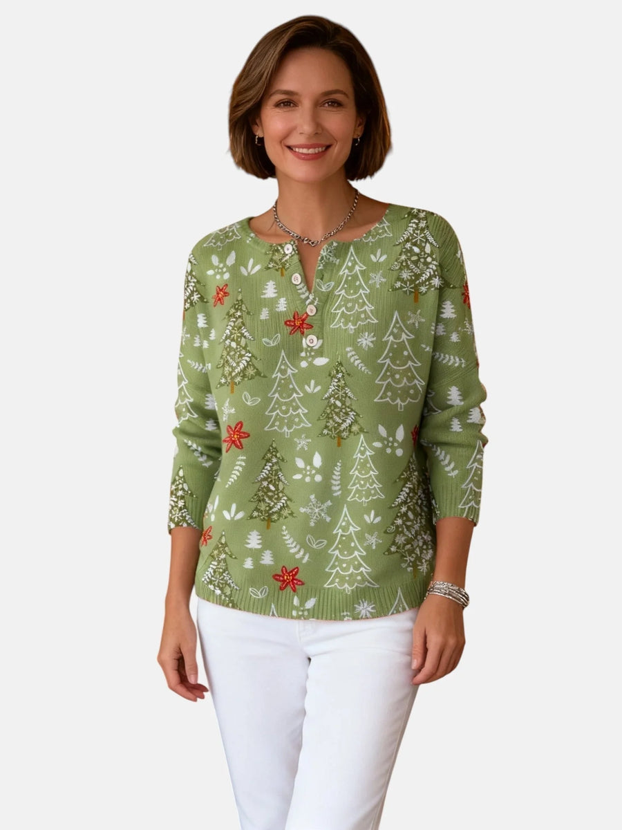 Daisy Christmas Tree Print Henley Sweater in Sage Green