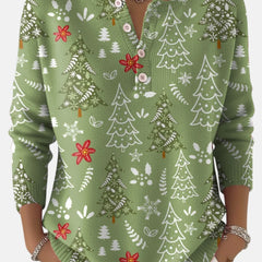 Daisy Christmas Tree Print Henley Sweater in Sage Green