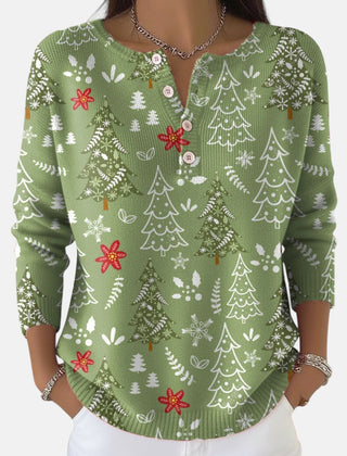 Daisy Christmas Tree Print Henley Sweater in Sage Green