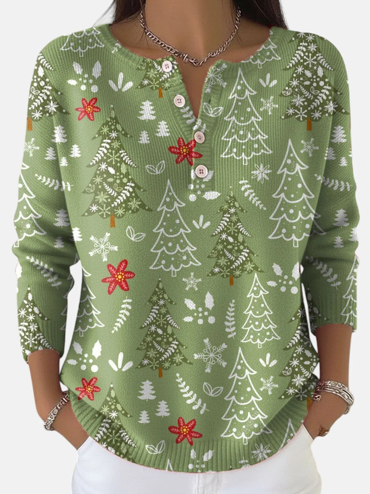 Daisy Christmas Tree Print Henley Sweater in Sage Green