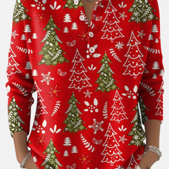 Daisy Christmas Tree Print Henley Sweater in Red