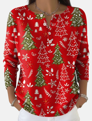 Daisy Christmas Tree Print Henley Sweater in Red