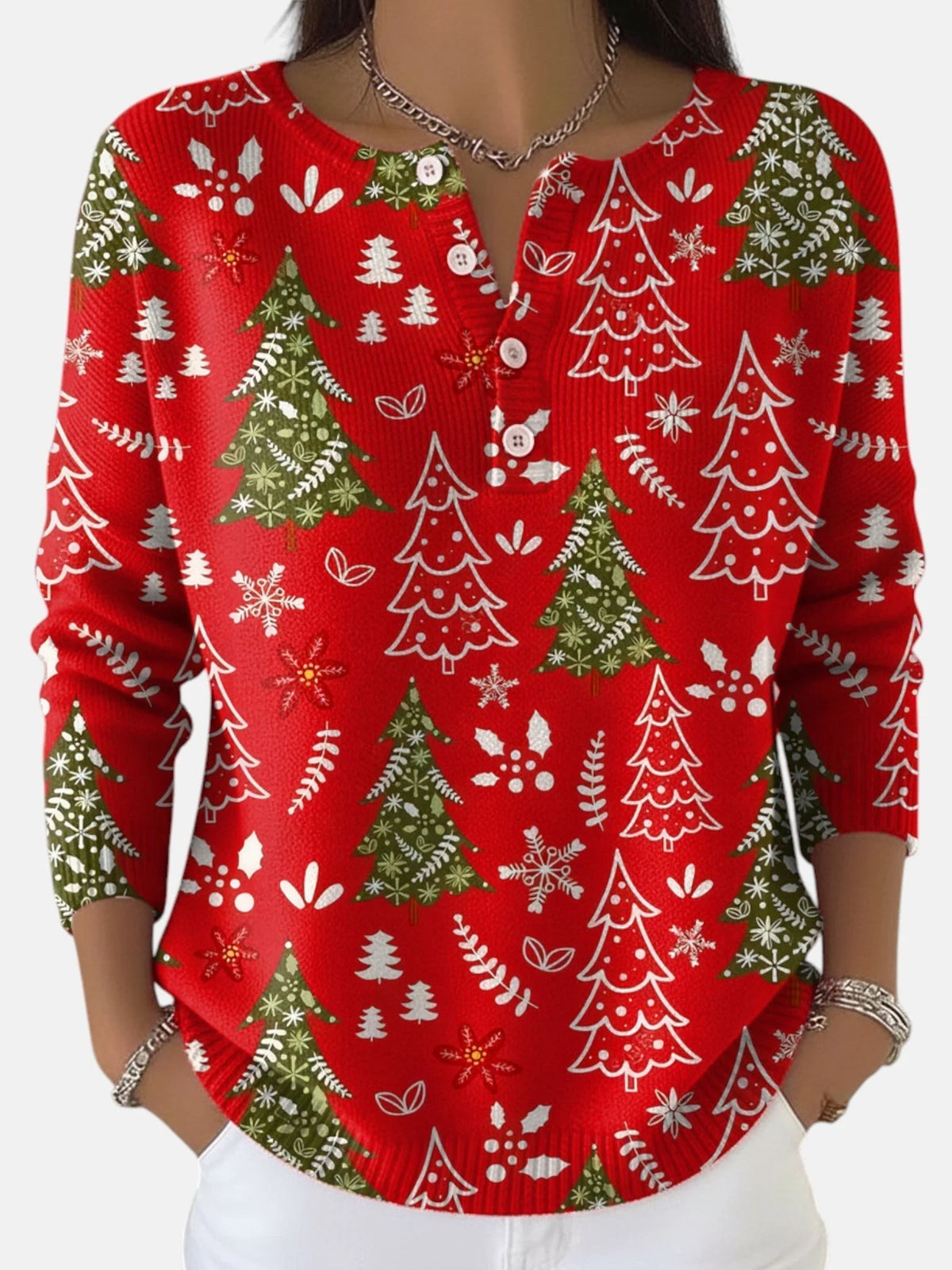 Daisy Christmas Tree Print Henley Sweater in Red